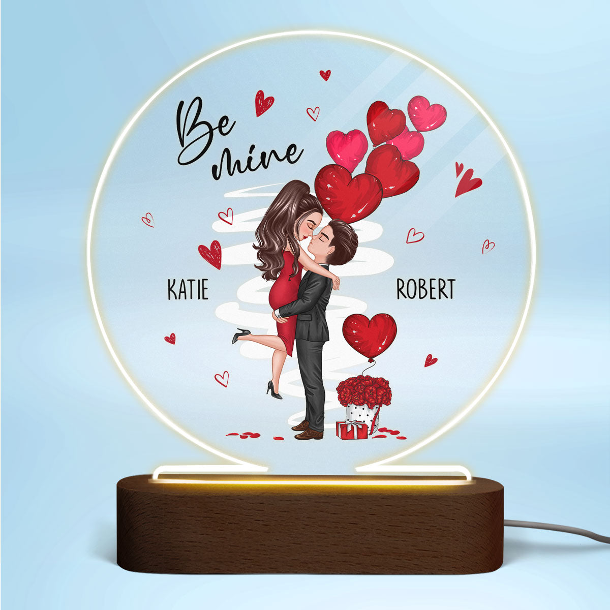 Be Mine Doll Couple Kissing Personalized Circle Plaque LED Night Light - Gift For Him Gift For Her