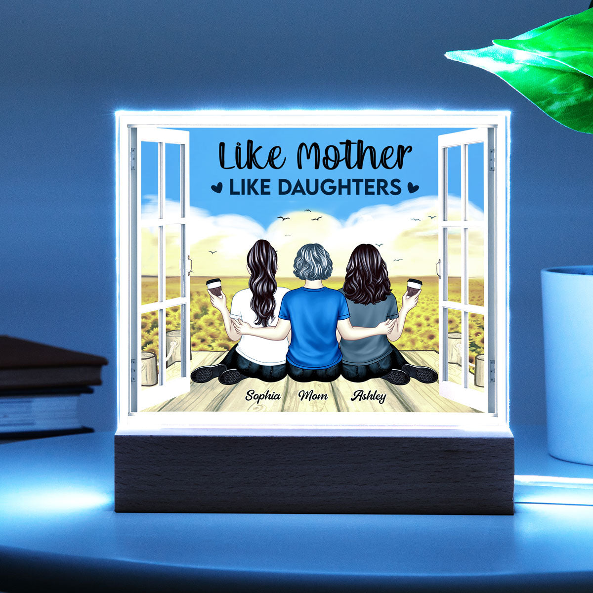 Mother Daughter Sunflower Field Window Personalized LED Night Light