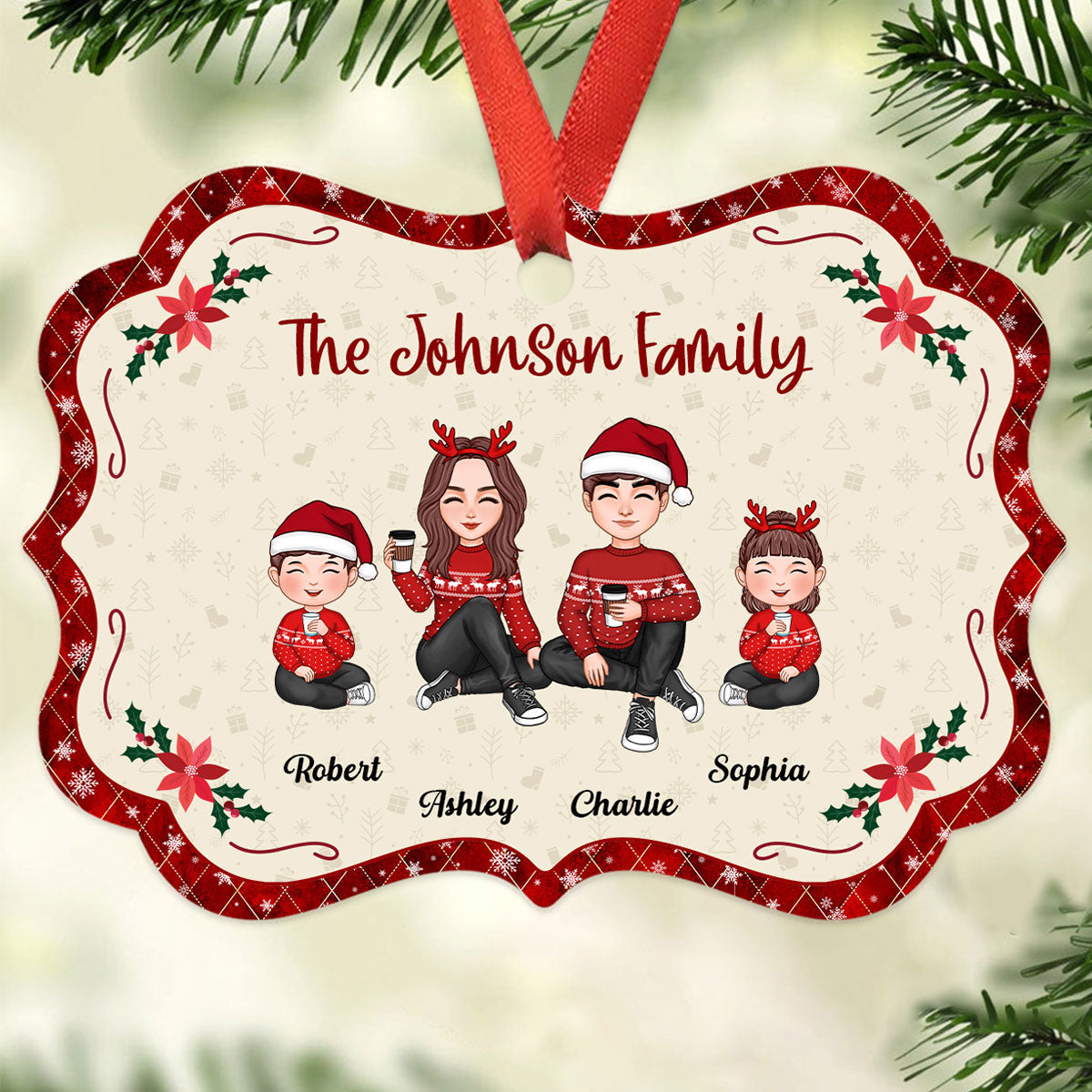 Cute Family Doll Mom Dad Kid Dog Cat Red Border Christmas Themed Personalized Christmas Ornament