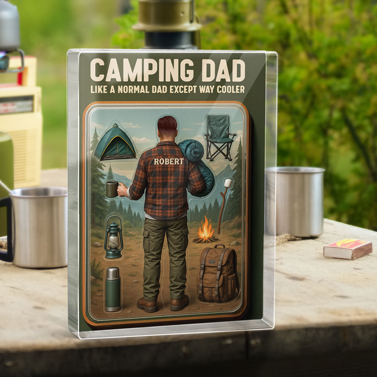 3D Effect Camping Dad Custom Figure Personalized Flat Rectangle Acrylic Block, Gift For Dad