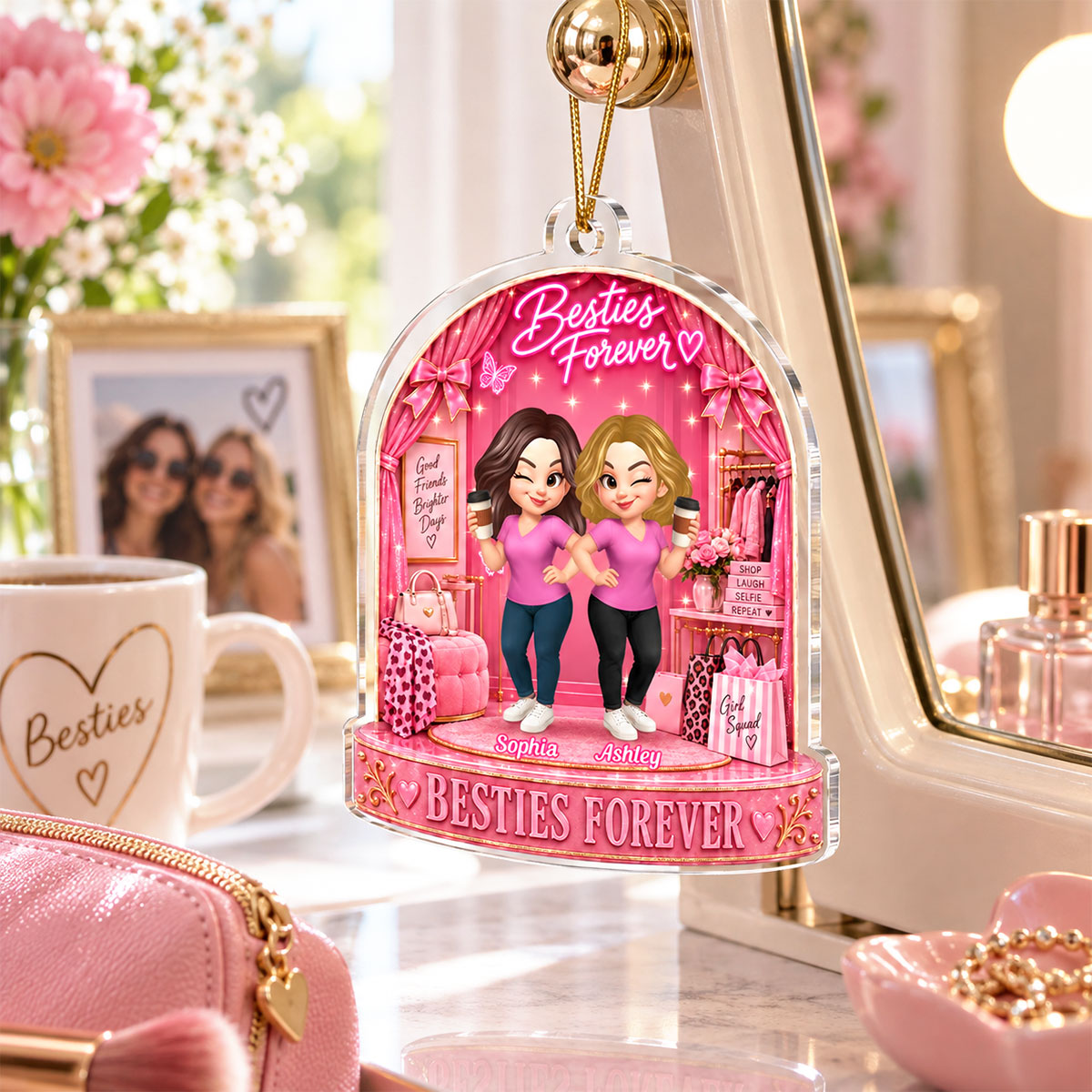 Besties Forever Pink Theme - Personalized Acrylic Ornament - Gift For Besties