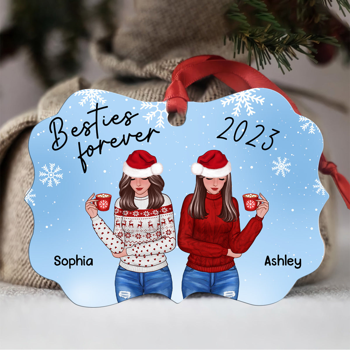 Snowflakes Front View Christmas Besties Personalized Christmas Ornament