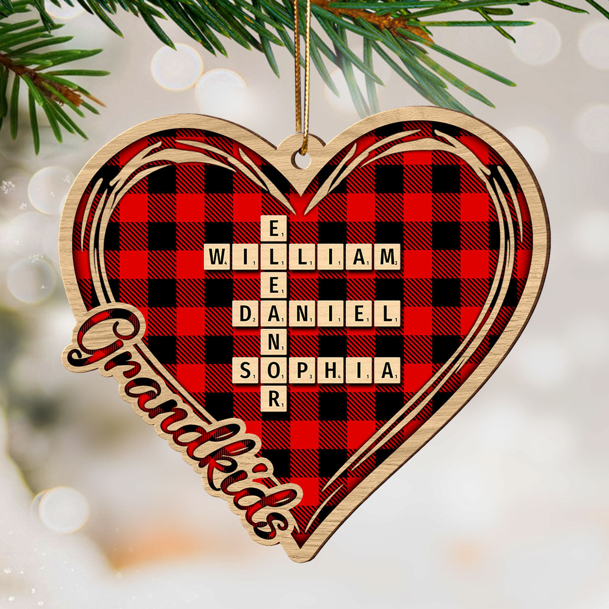 Checkered Heart Crossword Puzzle Art Personalized Wooden Ornament, Christmas Gift for Grandkids, Granddaughter Grandson, Gift for Grandma
