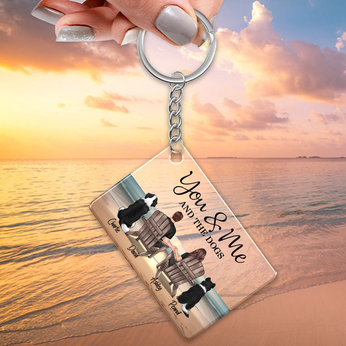You Me And The Dogs Cats Couple Realistic Beach Landscape Personalized Acrylic Keychain, Gift For Him, For Her