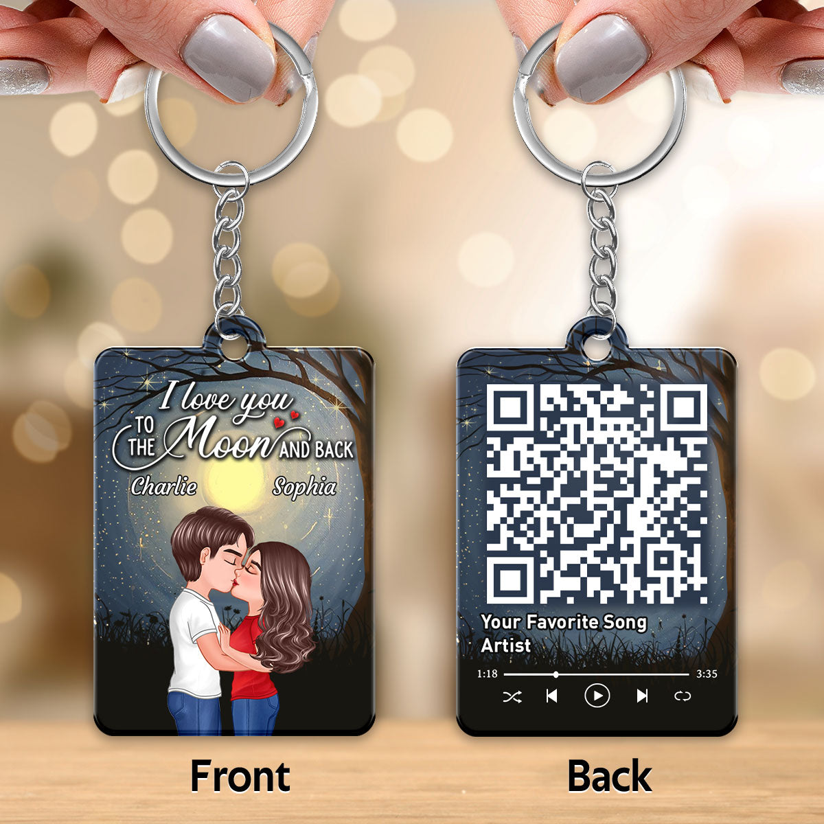 Doll Couple Kissing In The Moon Night Favorite Song Scannable QR Code Personalized Acrylic Keychain