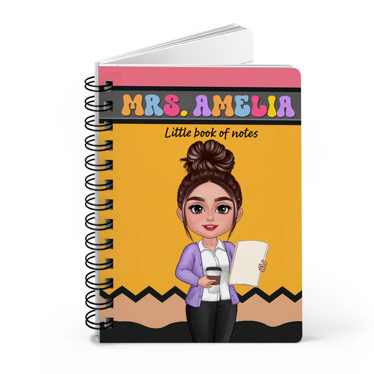 Pencil Themed Teacher With Name Personalized Spiral Notebook Journal, Back To School Stationery