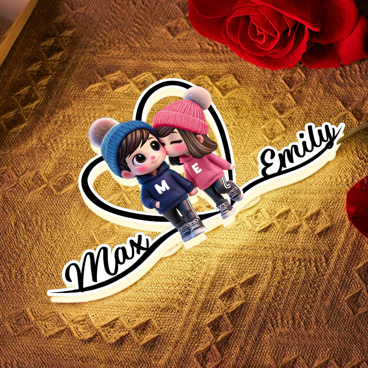 Cute Cartoon Couple Walking Heart Shape With Names Personalized Light Box, Anniversary Gift for Him for Her