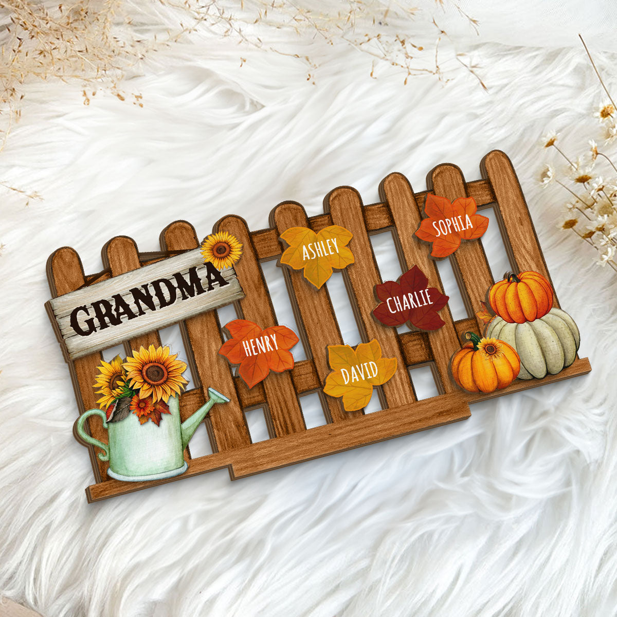 Grandma Mom Fall Leaves On Fence Personalized 2-Layer Standing Wooden Plaque, Fall Season Decor