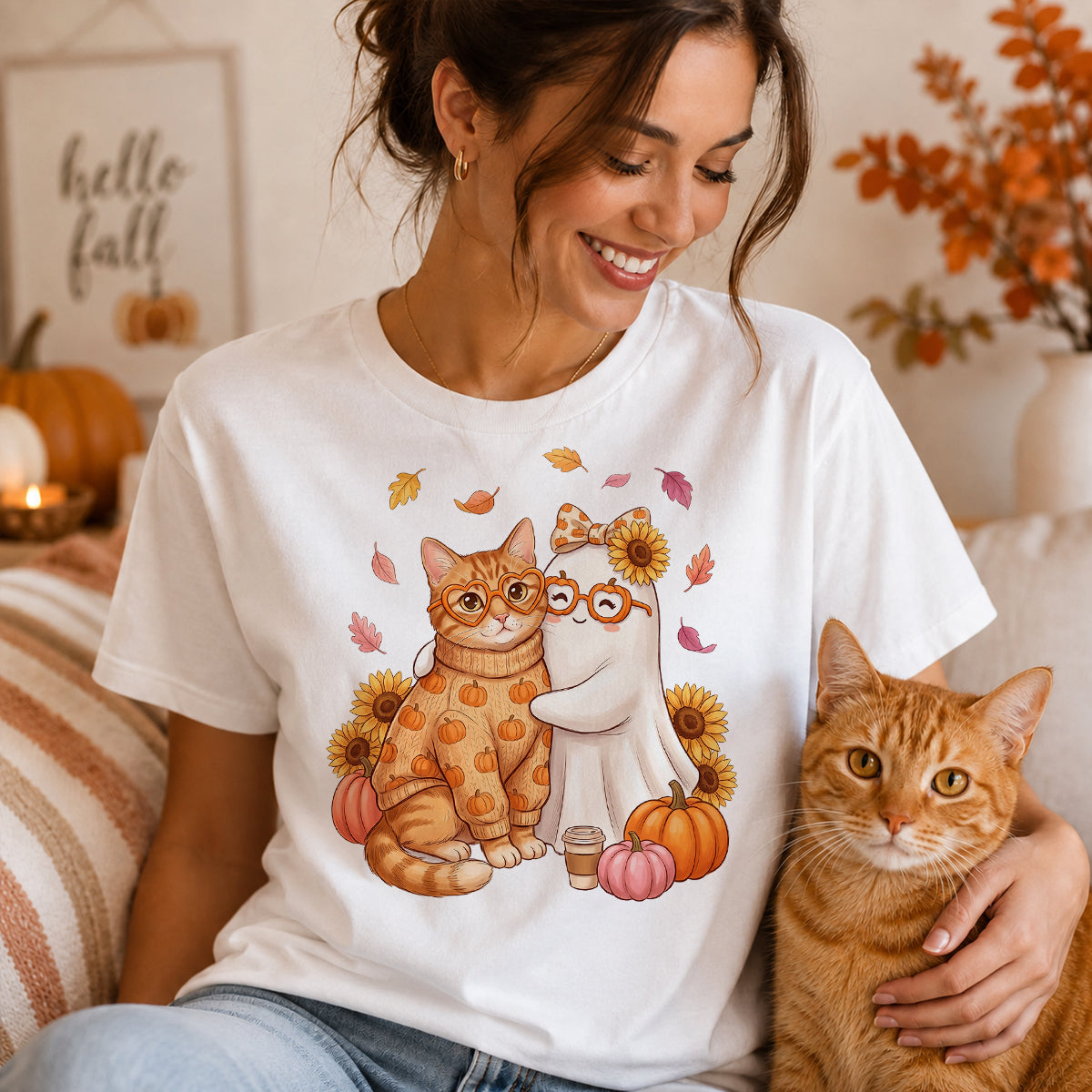 Cute Fall Dog Cat Hugging Ghost - Personalized Shirt - Trendy Fall Tee for Pet Lovers, Dog Mom, Cat Mom
