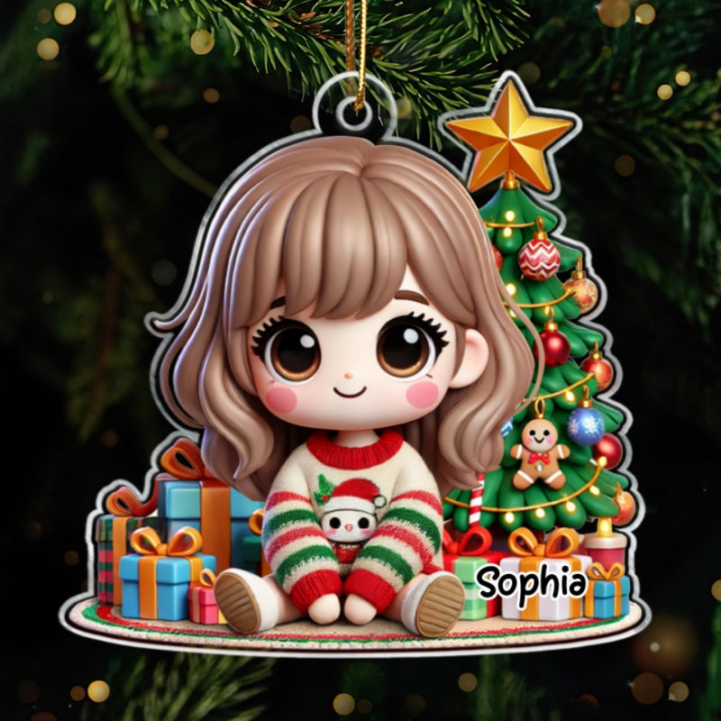 Cute Granddaughter Grandson Kid Sitting With Christmas Tree And Gift Personalized Acrylic Ornament, Gift For Grandkids