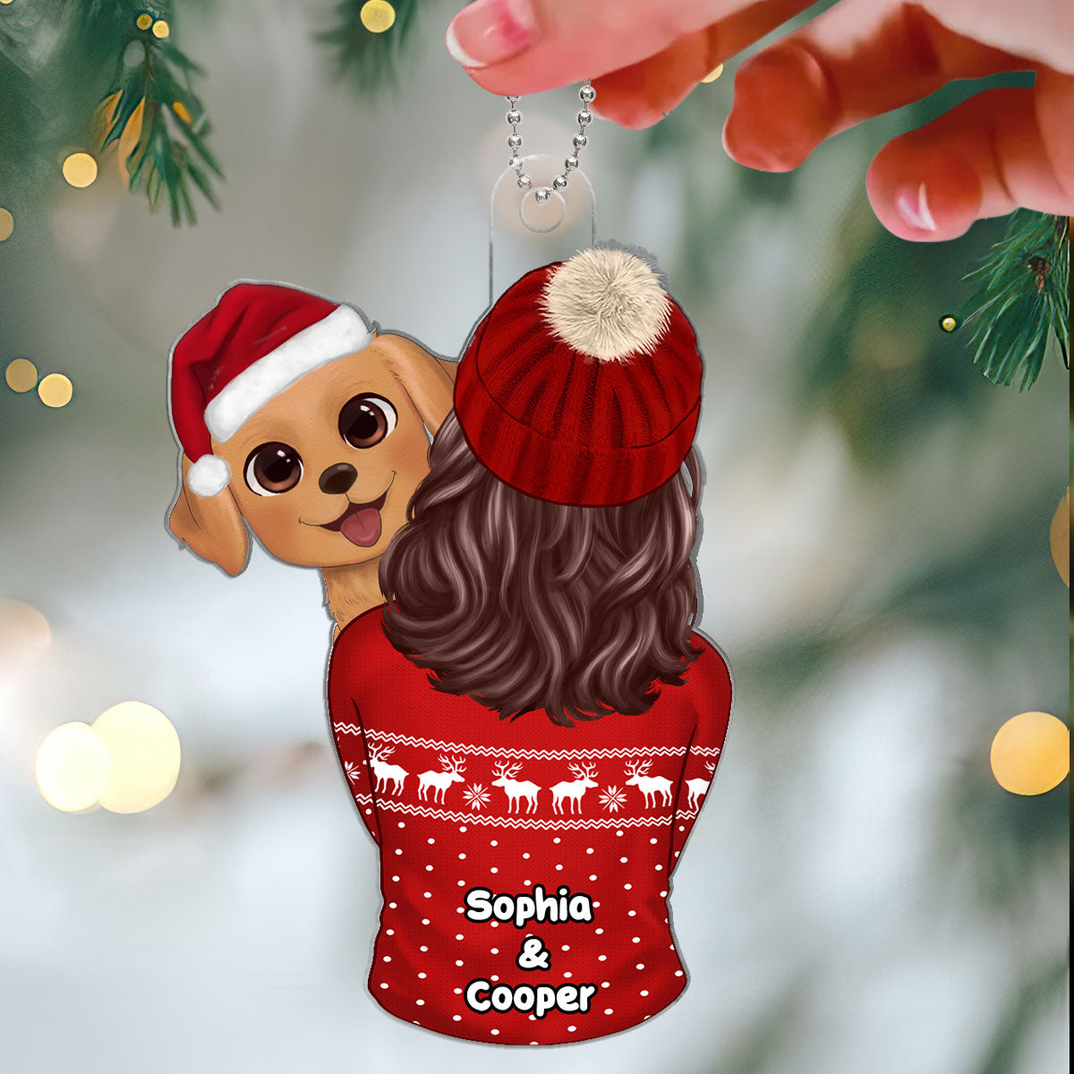 Dog Mom Holding Dog Christmas Personalized Acrylic Ornament