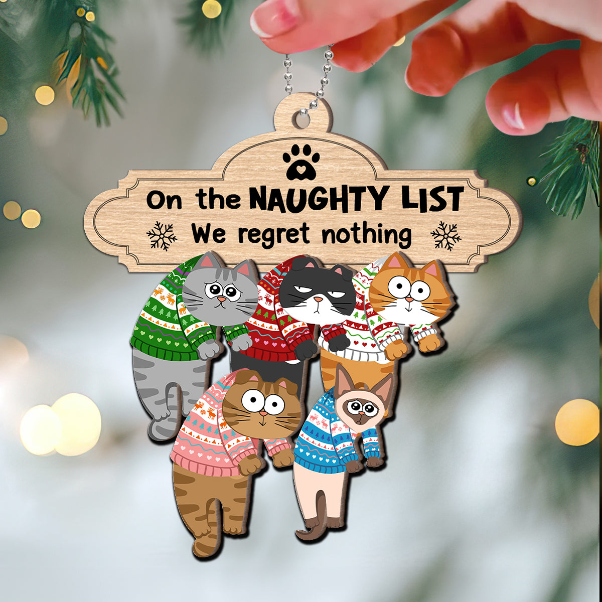 Christmas Naughty Cats Hanging On Mantel Personalized 2-Layer Wooden Ornament, Gift For Cat Lovers
