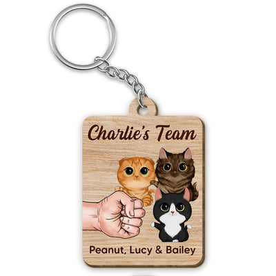 Cat Dad‘s Team Watercolor Cute Cats Personalized Wooden Keychain