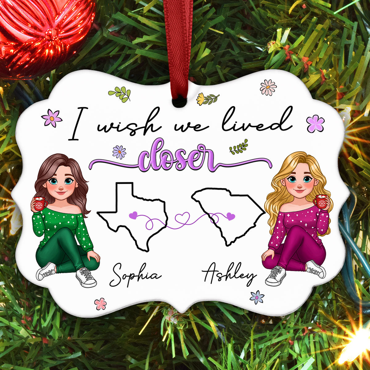 I Wish We Lived Closer Long Distance Animated Besties Personalized Aluminum Ornament, Christmas Gift For Best Friends