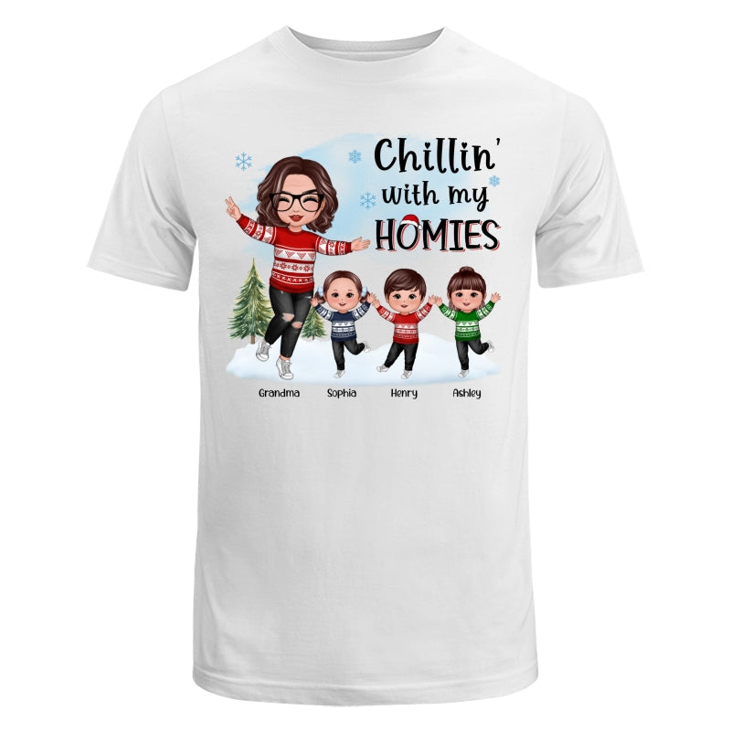 Chillin‘ With My Homies Happy Grandma & Grandkids Playing In Snow Personalized Shirt
