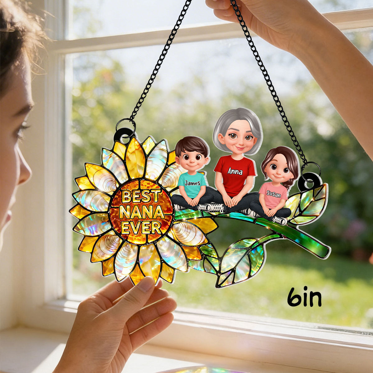 Sunflower Grandma and Grandkids Sitting - Personalized Window Hanging Suncatcher - Mother's Day Gift for Mom, Wife