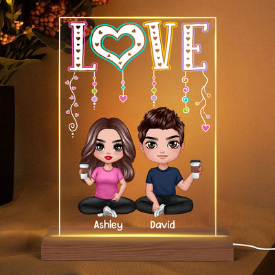LOVE Happy Doll Couple Sitting Personalized Rectangle Acrylic Plaque LED Night Light