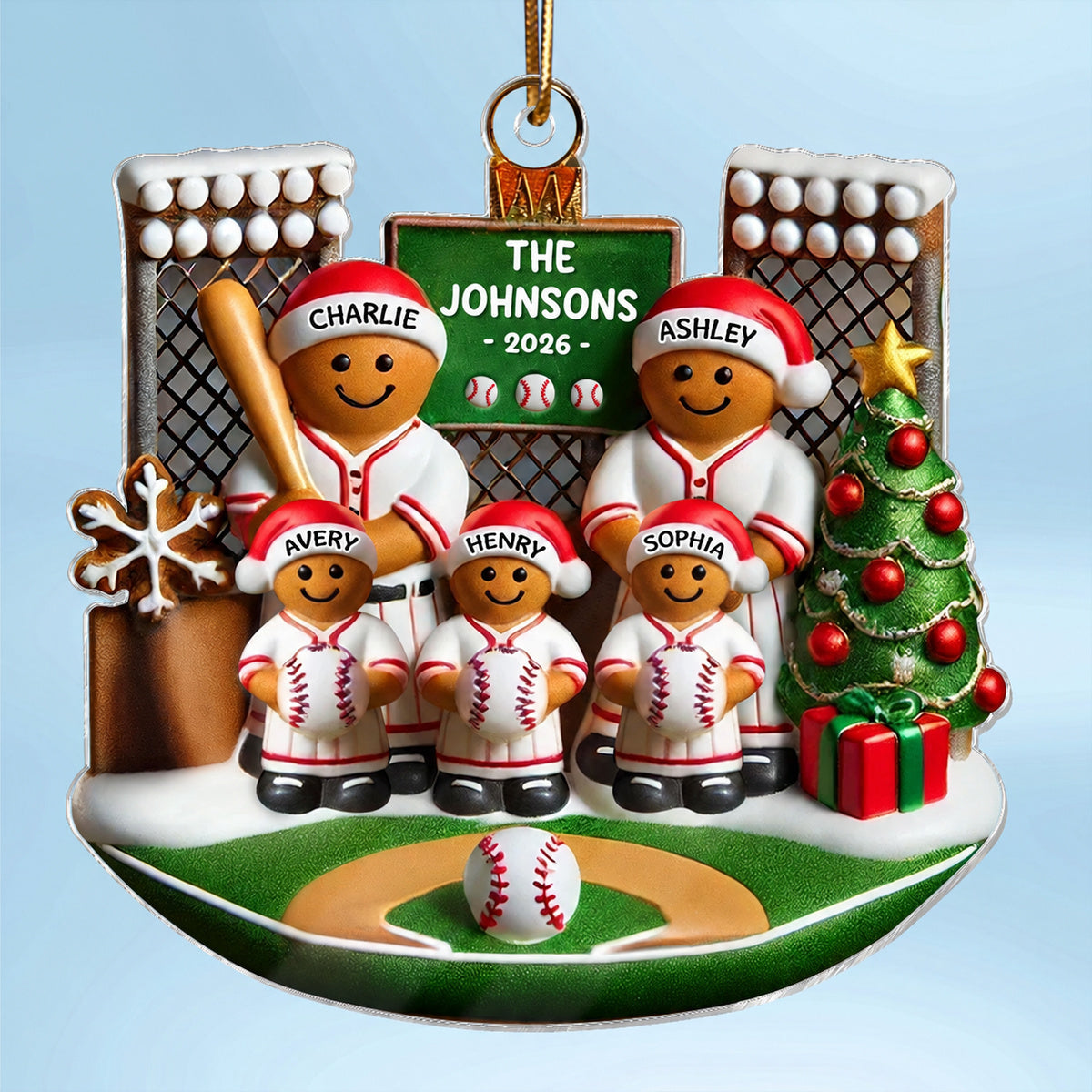 3D Effect Baseball Gingerbread Family On Field Sport Lover - Personalized Acrylic Ornament