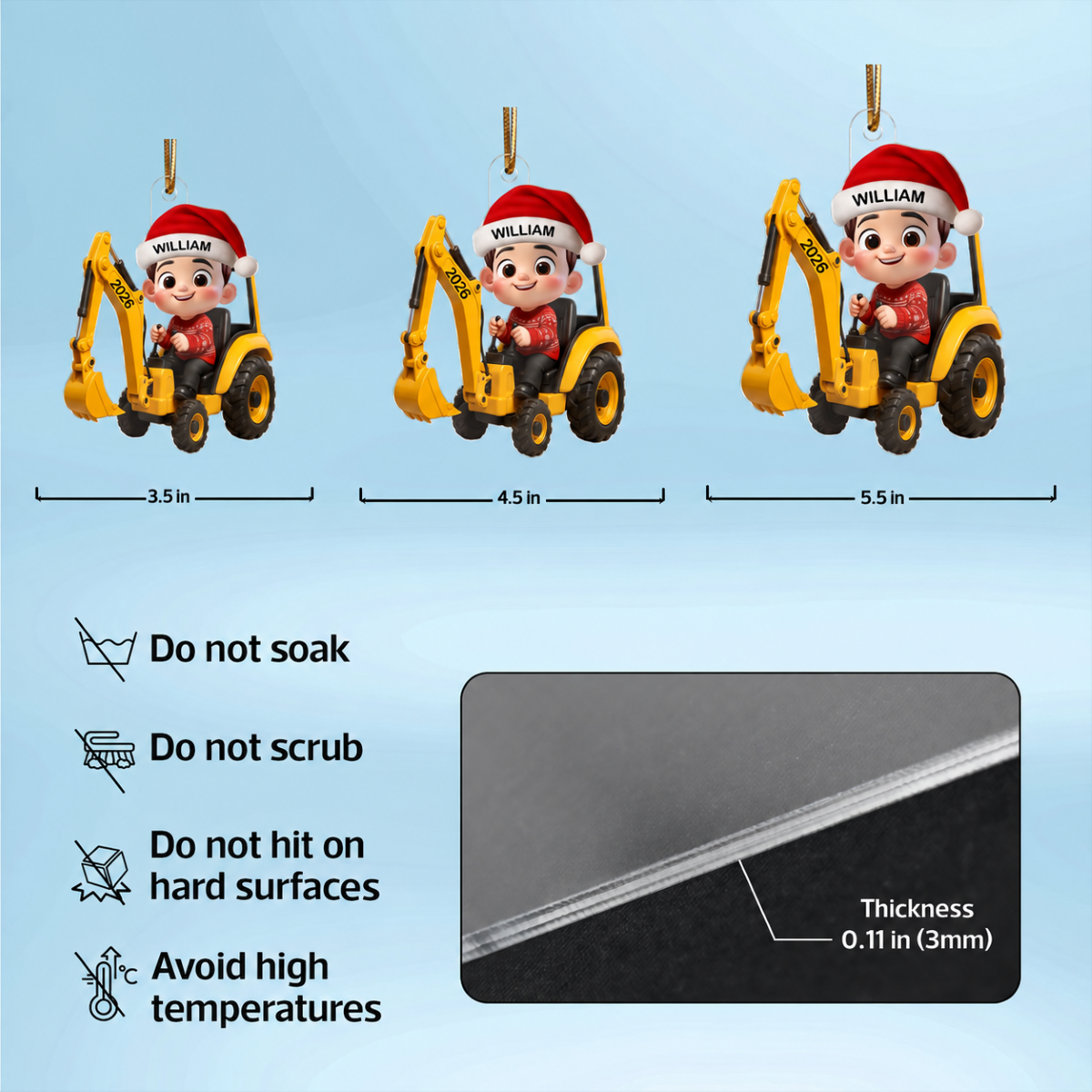 3D Effect Little Boy Kid With Construction Vehicle Excavator Backhoe Tractor Christmas Personalized Acrylic Ornament