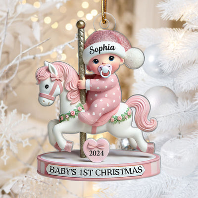 Baby On Merry-go-round Horse 1st Christmas Keepsake 3D Effect Personalized Acrylic Flat Ornament
