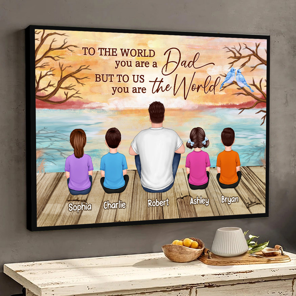 Lake View Dad Grandpa We Love You Back View Dad And Kids Dogs Cats Sitting Personalized Horizontal Poster