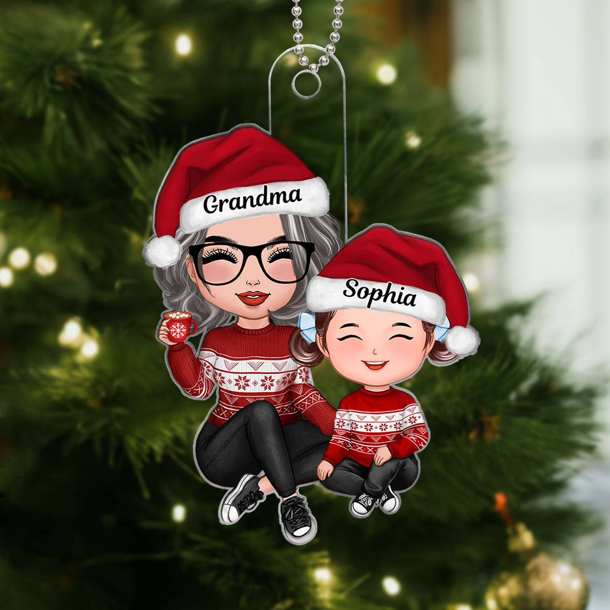 Christmas Grandma Grandson Granddaughter Happy Face Sitting Personalized Acrylic Ornament