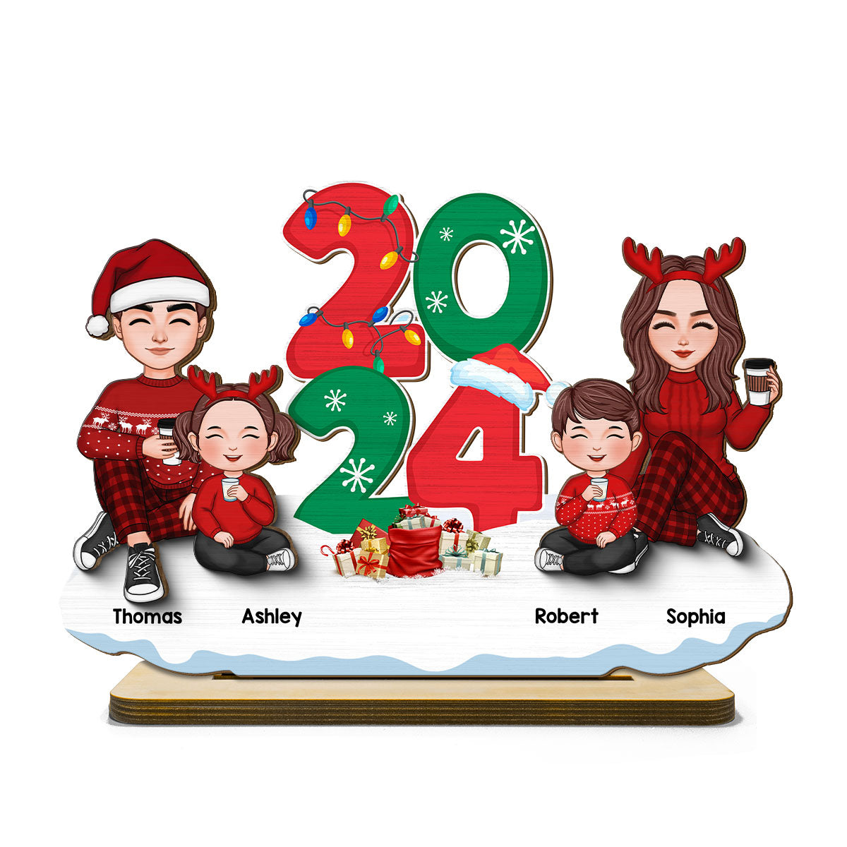 Cute Family Dad Mom Kids Sitting By 2024 Christmas Personalized 2-Layer Standing Wooden Plaque