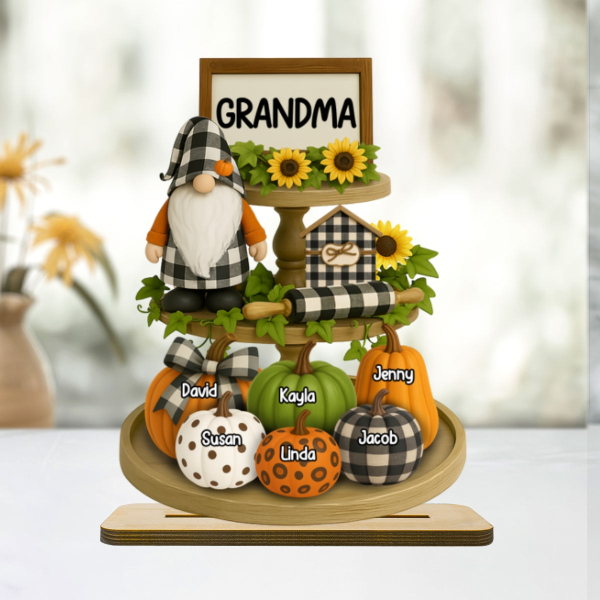 Grandma Mom Fall Season Tiered Tray 3D Effect Personalized Standing Wooden Plaque