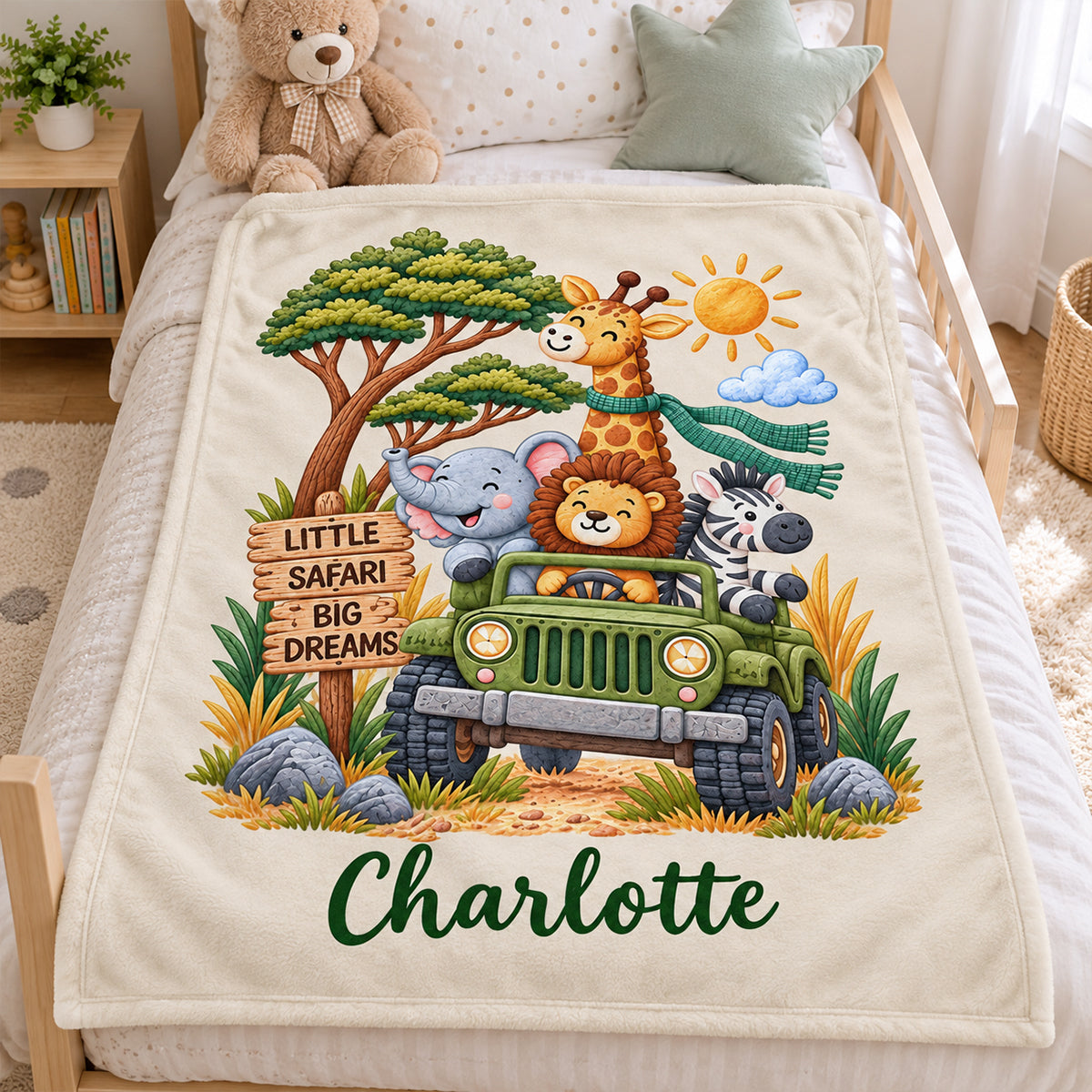 Little Safari Big Dreams Custom Name - Personalized Fleece Blanket - Baby Shower Gift, Birthday Gift For Baby Boys, Girls, Toddlers, Grandkids