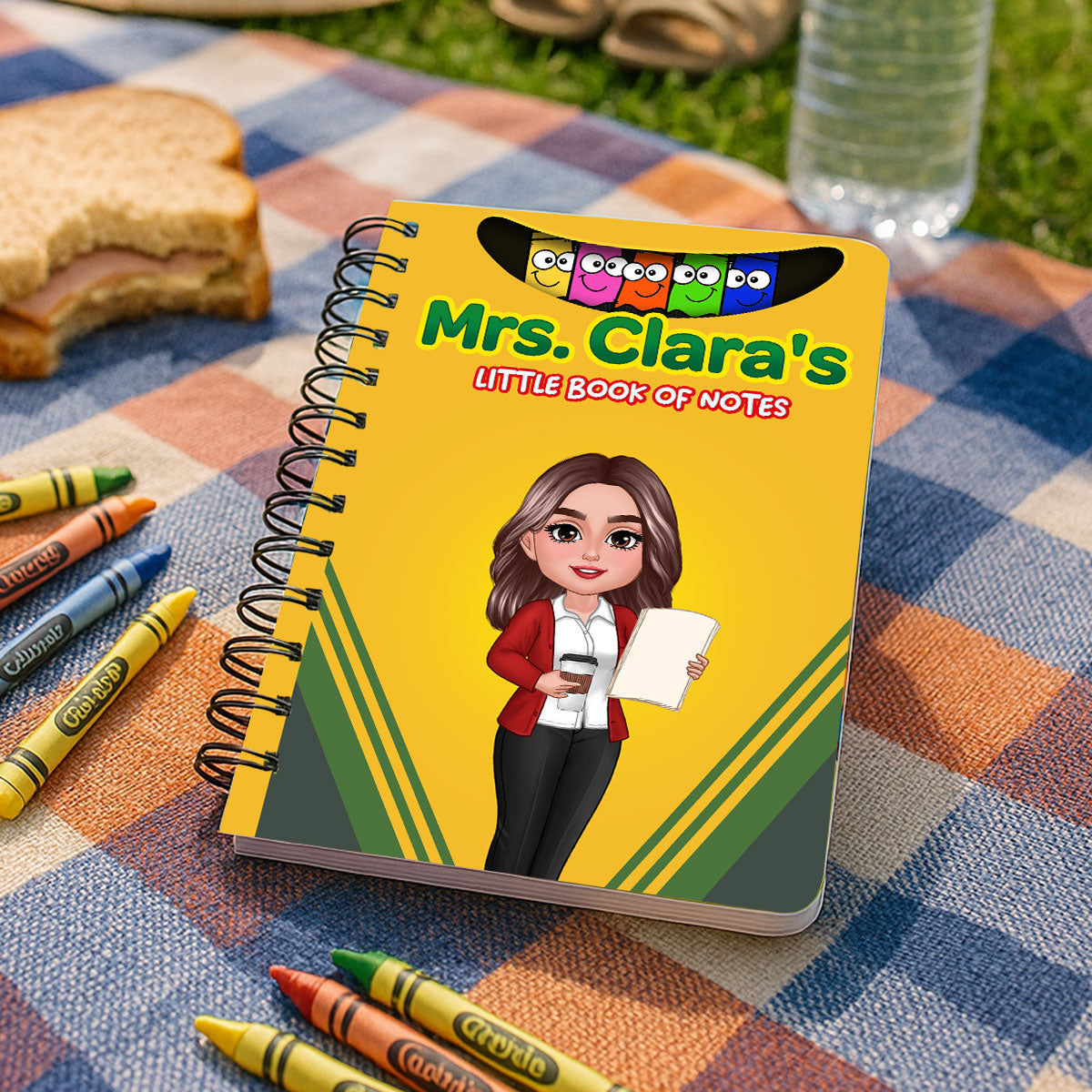 Crayon Box Themed Teacher Name Personalized Spiral Notebook Journal, Back To School Stationery