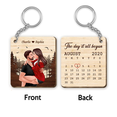 Man Holding Woman Kissing Anniversary Calendar Gift Personalized Wooden Keychain