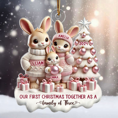 3D Effect Bunny Family Our First Christmas As A Family Of Three Christmas Personalized Acrylic Ornament, Newborns Gift, New Parents Gift