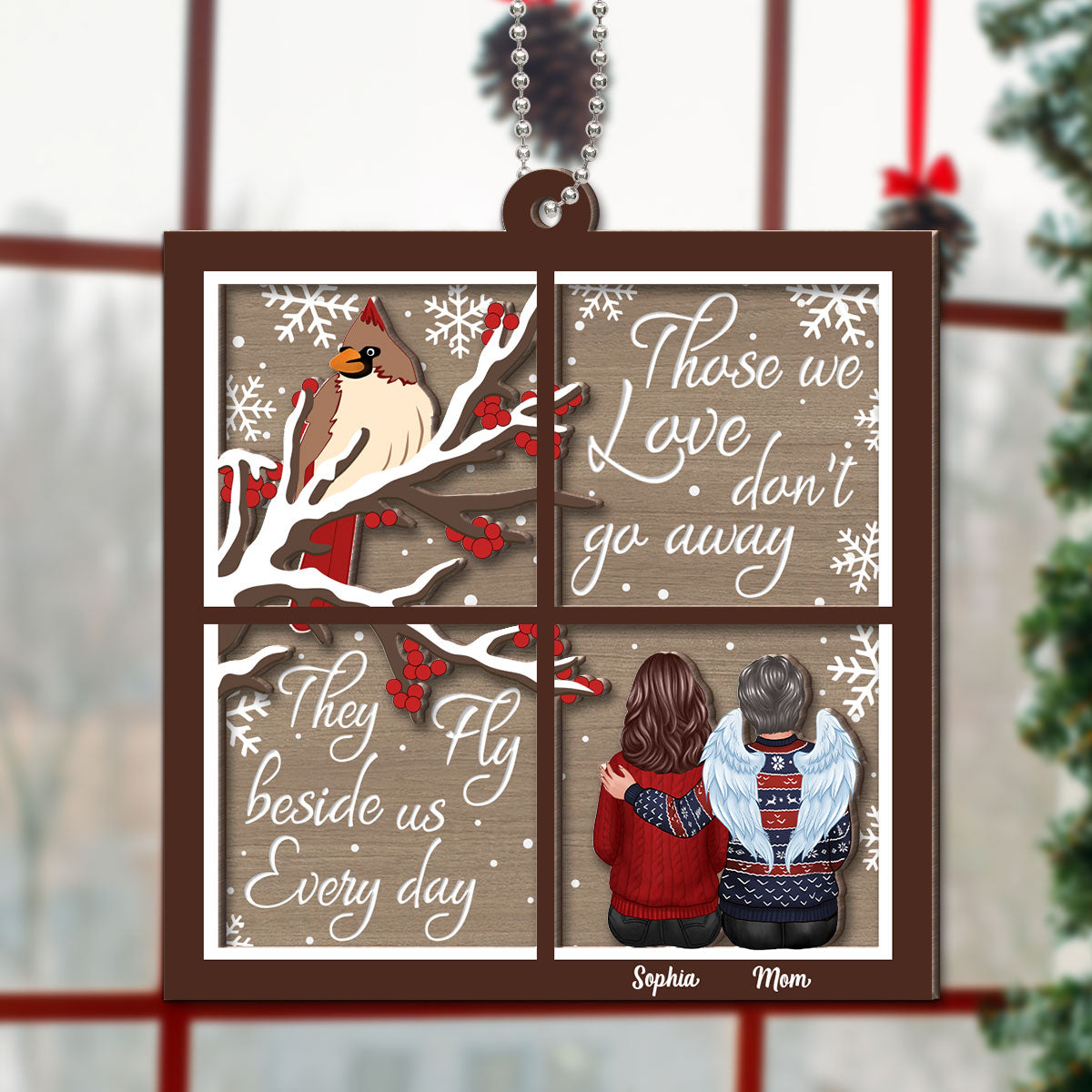 Cardinal Memorial Window Shaped Personalized 2-Layer Wooden Ornament
