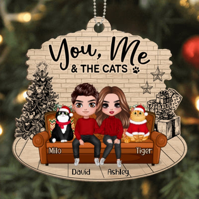 Doll Couple You Me And the Cats On Sofa Sketch Background Personalized Wooden Ornament