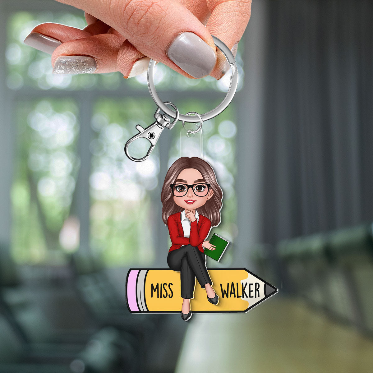 Teacher Sitting On Pencil Personalized 2-Layer Acrylic Keychain