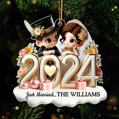 2024 Just Married Pretty Couple Personalized Acrylic Ornament, Unique Christmas Gift For Her For Him For Newlywed Couple
