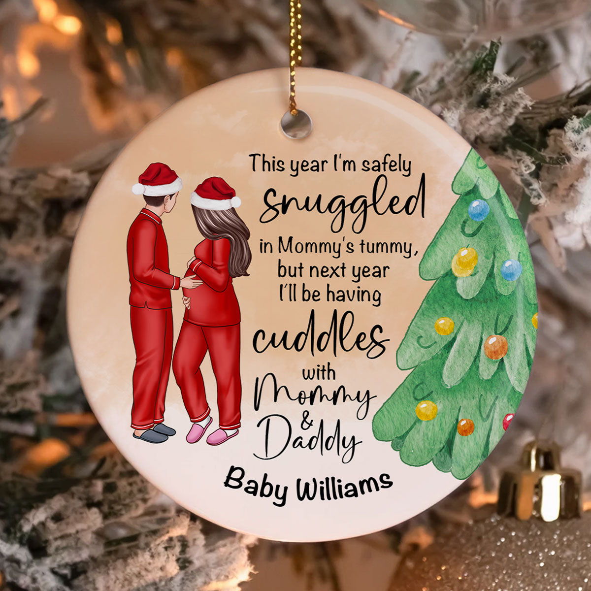 Bump Christmas, Pregnant Couple Ornament, Snuggled in Mommy's Tummy, Personalized Circle Ceramic Ornament