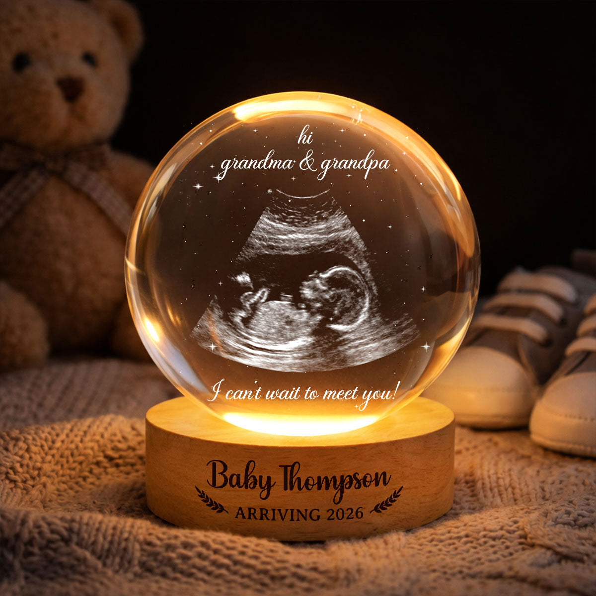 Baby Arriving Custom Baby Ultrasound - Personalized Crystal Ball LED Night Light - Pregnancy Reveal, Mother's Day Gift for 1st Time Grandma