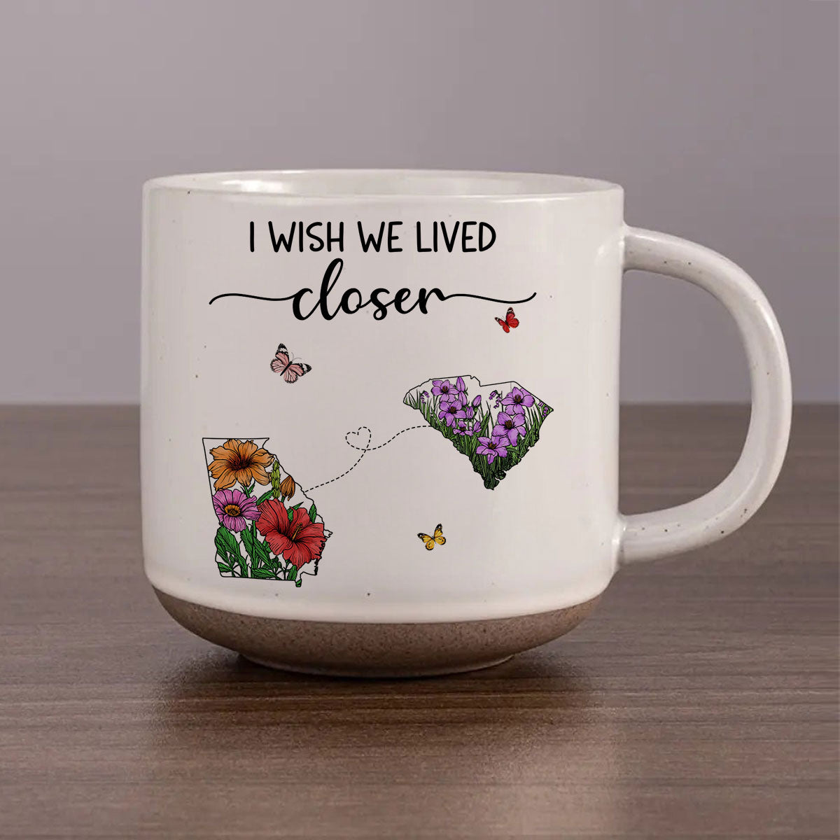 Wish We Lived Closer Wildflower State Map Personalized Pottery Mug