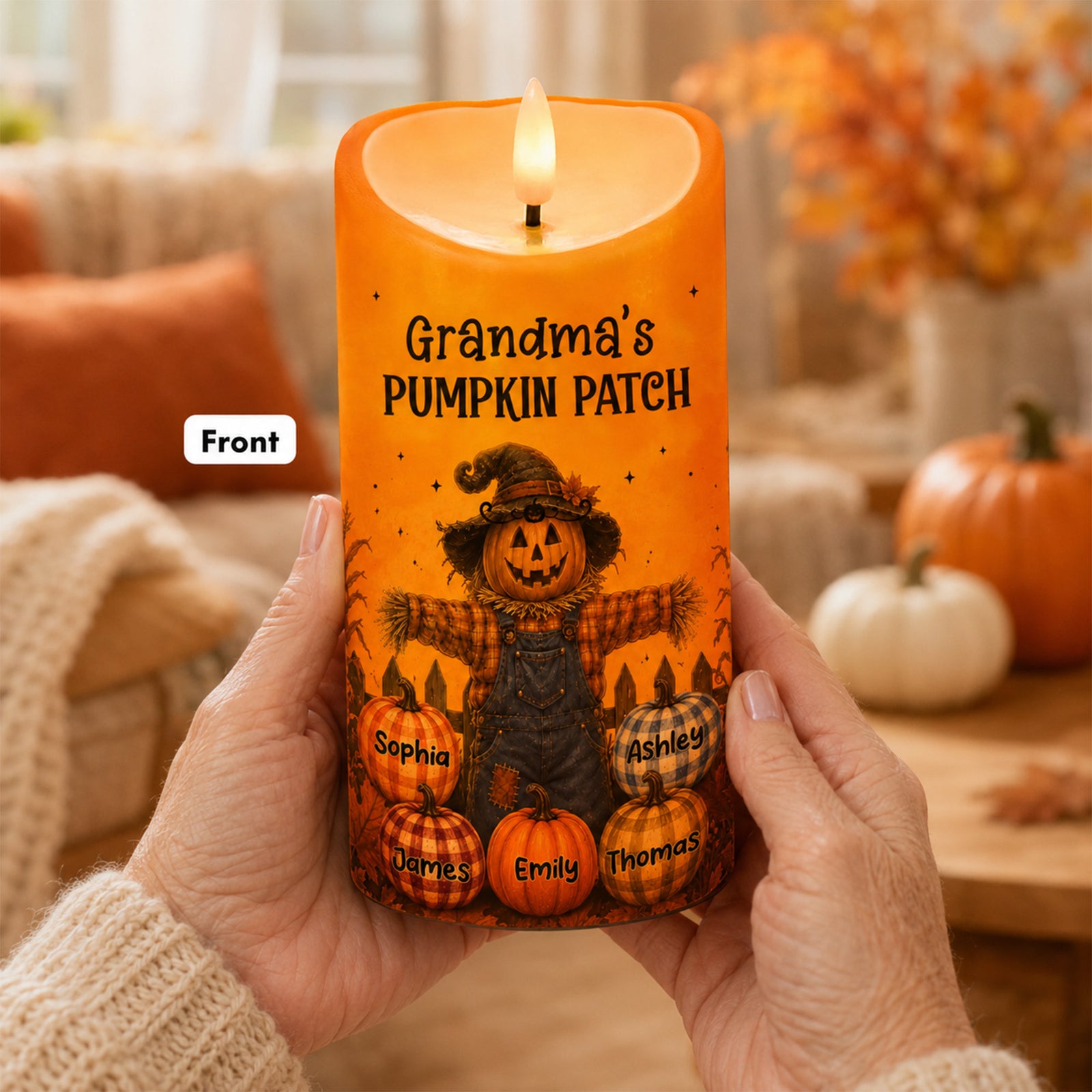 Grandma's Pumpkin Patch Scarecrow - Personalized LED Candle - Fall Season, Halloween Decor For Grandma