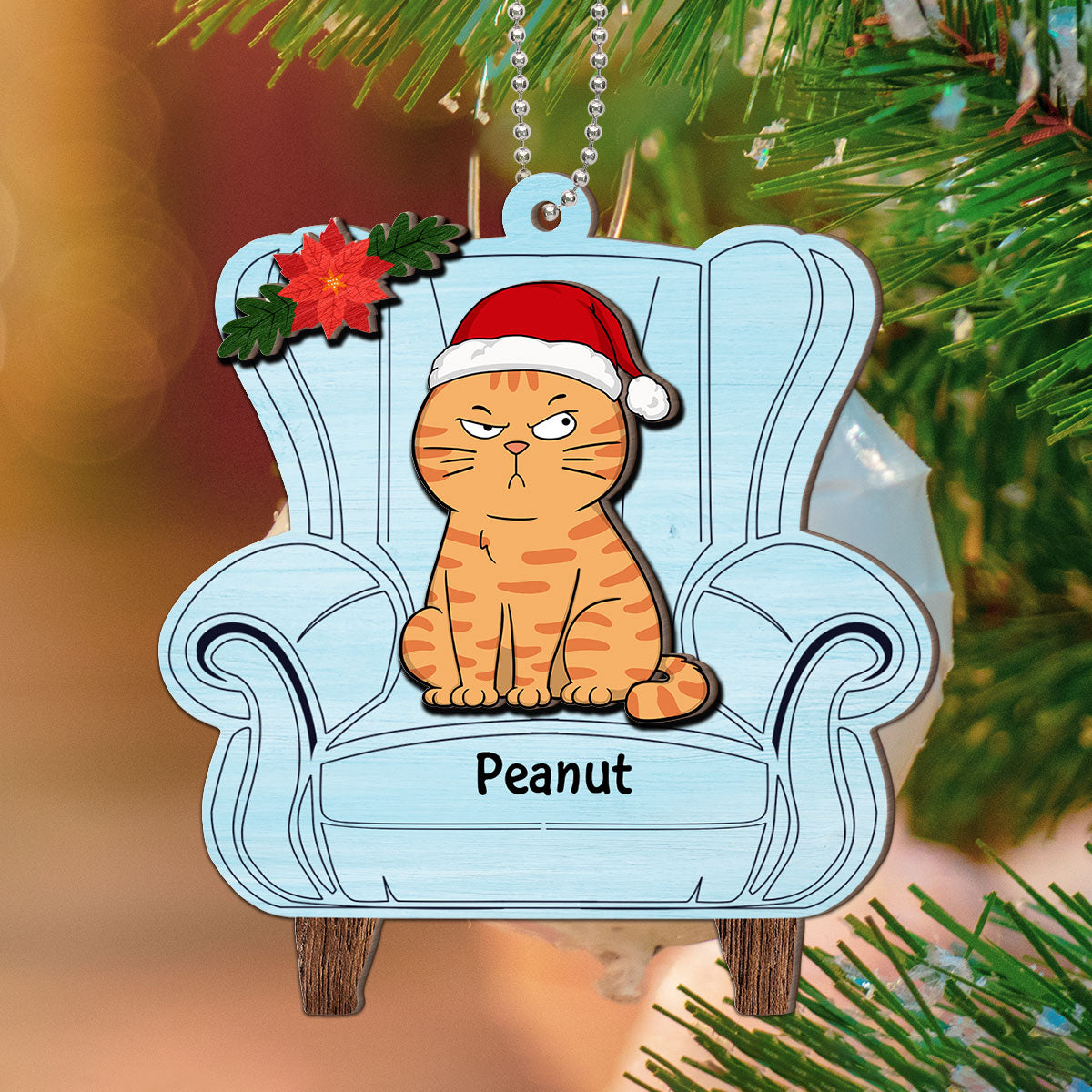 Christmas Cats On Chair Personalized 2-Layer Wooden Ornament