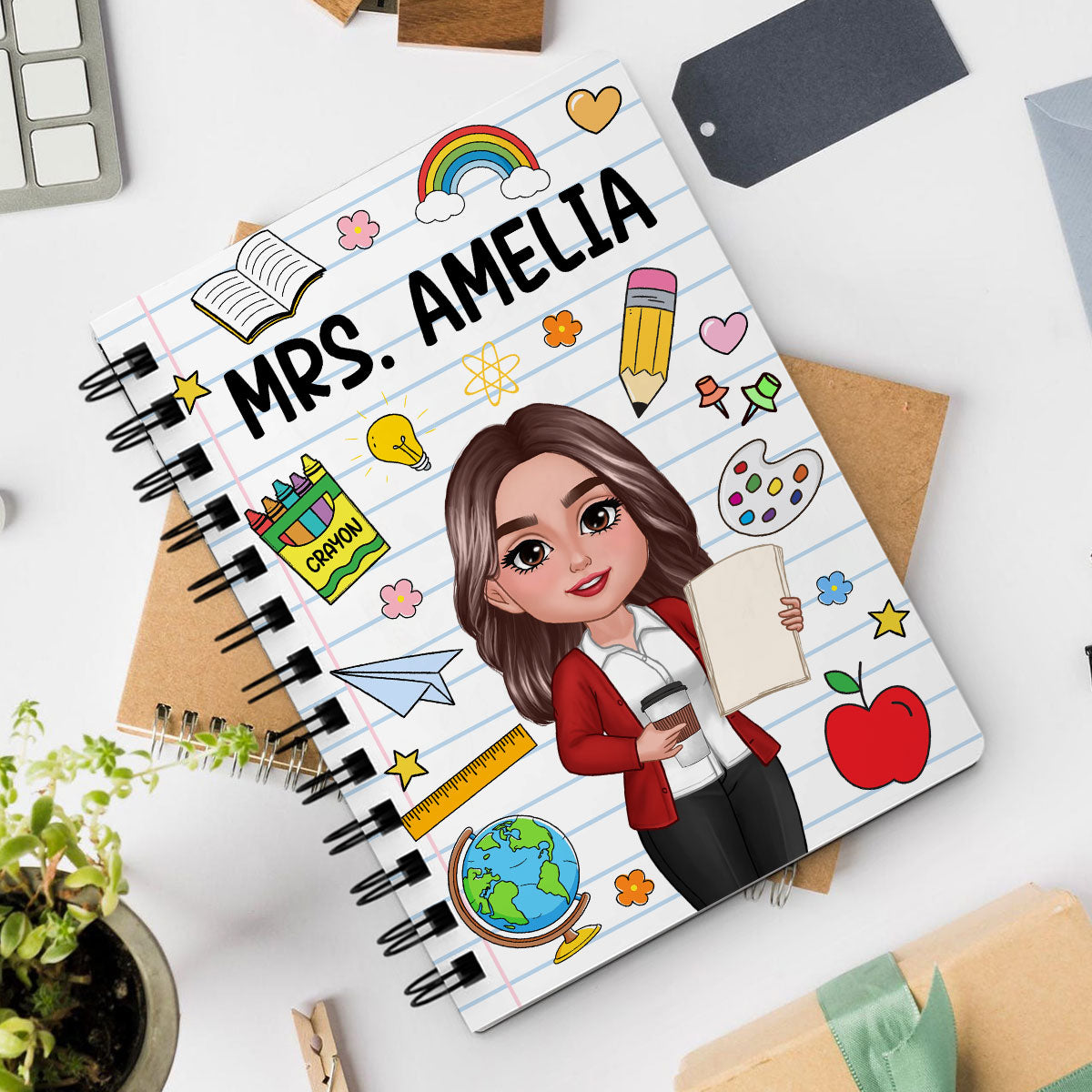 School Things Notebook Page Teacher Name Personalized Spiral Notebook Journal, Back To School Stationery