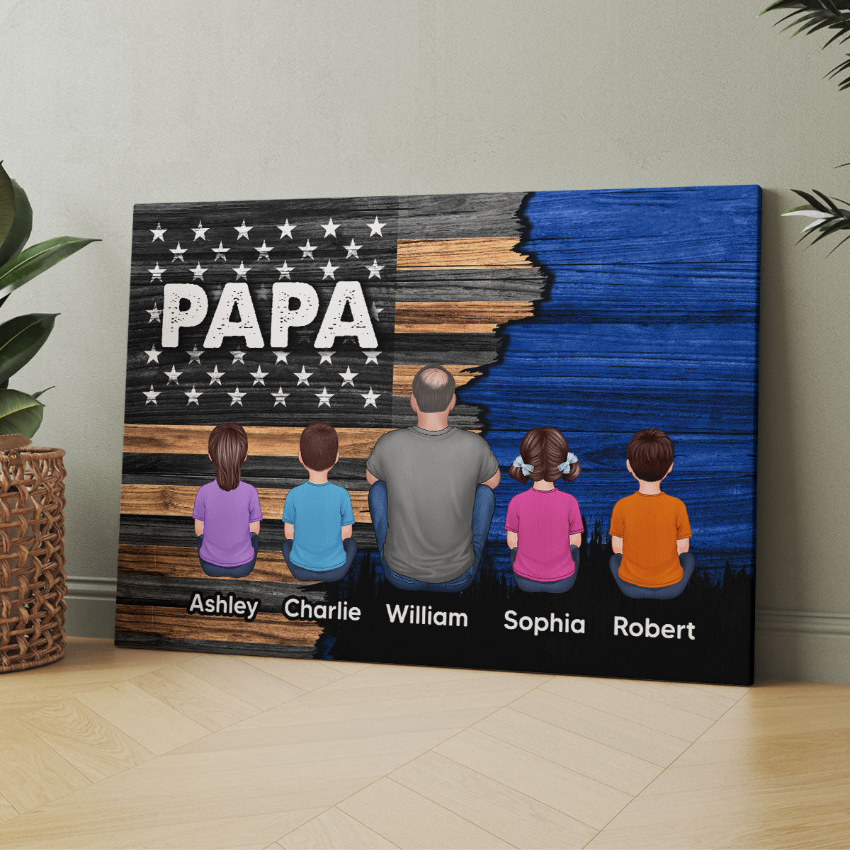 Dad Grandpa Papa Back View Sitting With Kids Half Nation Flag Personalized Canvas