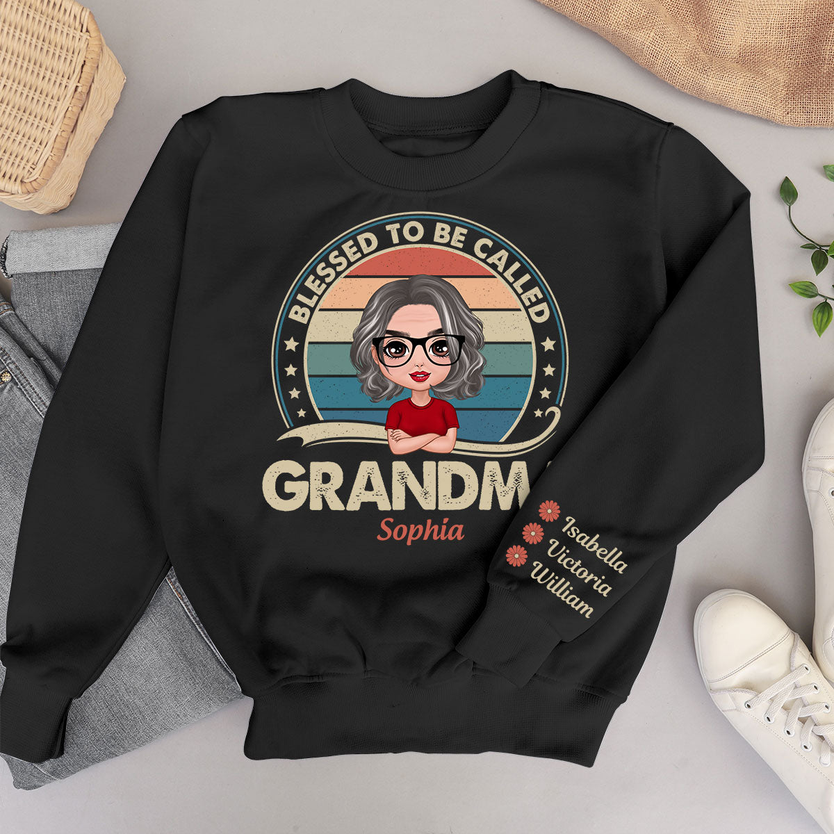 Retro Blessed To Be Called Grandma Personalized Sleeve Printed Sweatshirt