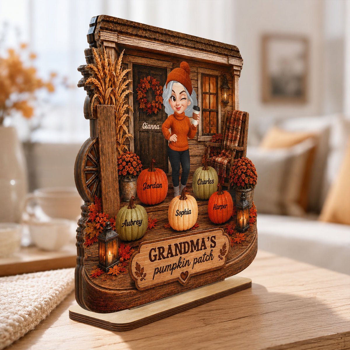 Grandma's Pumpkin Patch Front Porch 2D Flat Printed - Personalized 2-Layered Wooden Plaque - Cozy Fall Decor for Grandma
