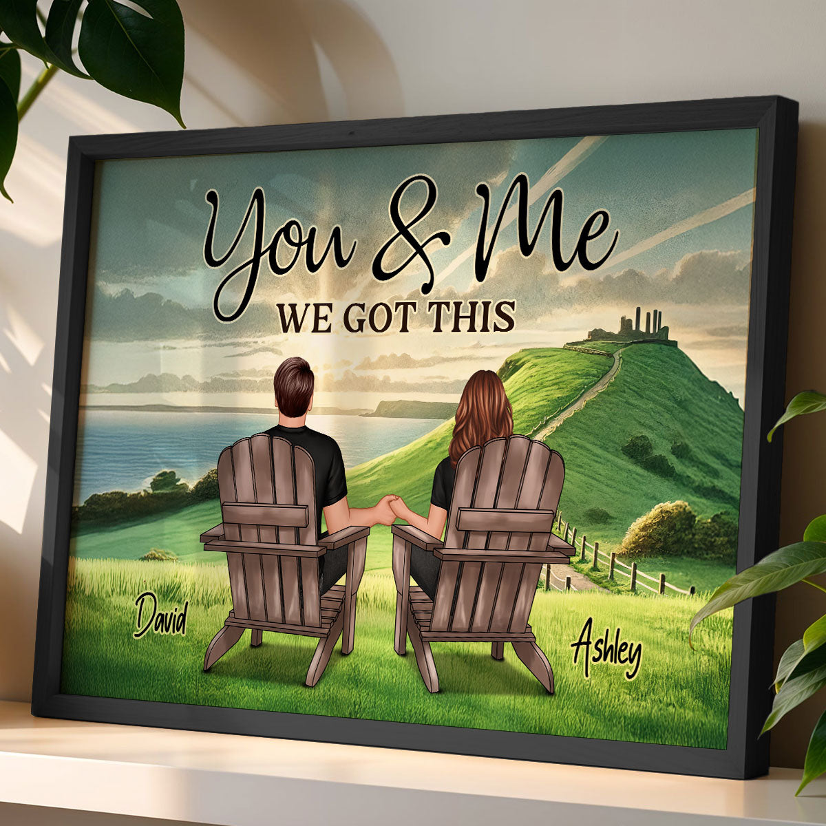 Back View Couple Sitting On Grass Hill Personalized Poster, Heartfelt Gift For Couple, For Him, For Her