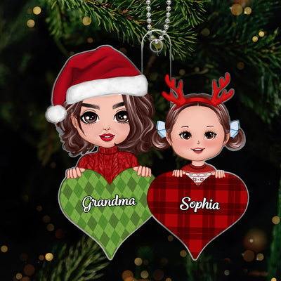 Doll Grandma & Grandkid Peeking On Pattern Heart Christmas Gift For Grandson Granddaughter Personalized Acrylic Ornament