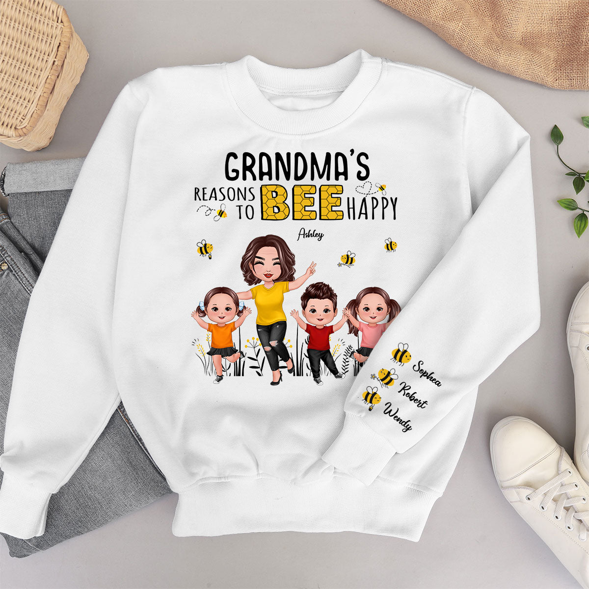 Grandma's Reasons To Be Happy Personalized Sleeved Printed Sweatshirt, Gift For Grandma