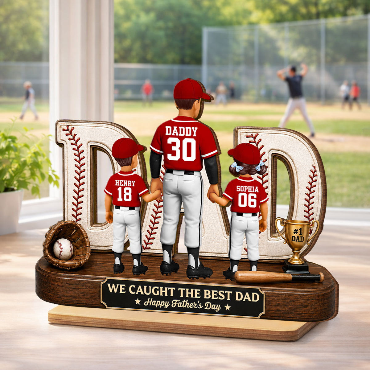 No 1 Baseball Dad Legend We Caught The Best Dad - Personalized 2-Layered Wooden Plaque - Father's Day Gift For Dad, Husband