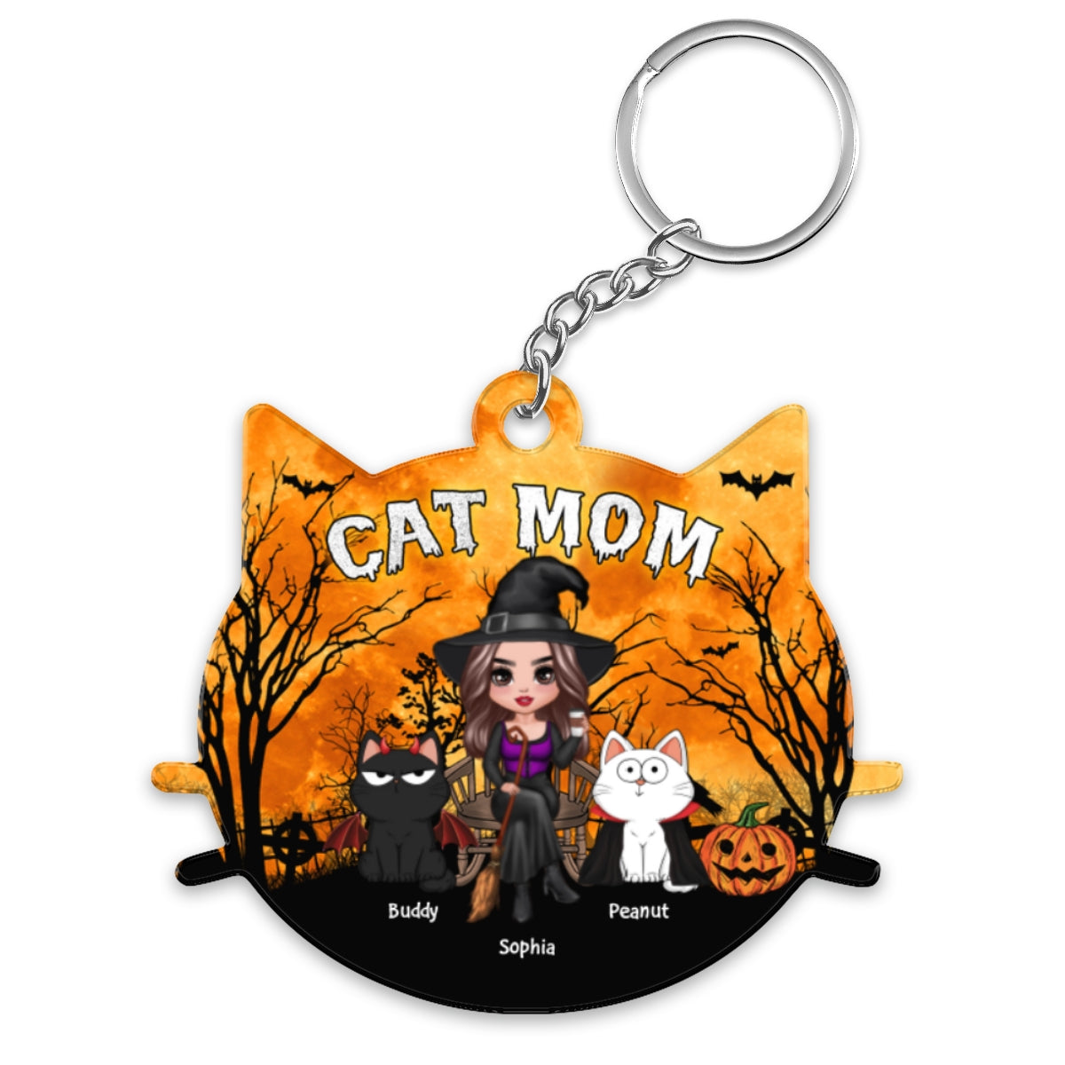 Halloween Cat Face Shaped Cat Mom Personalized Acrylic Keychain
